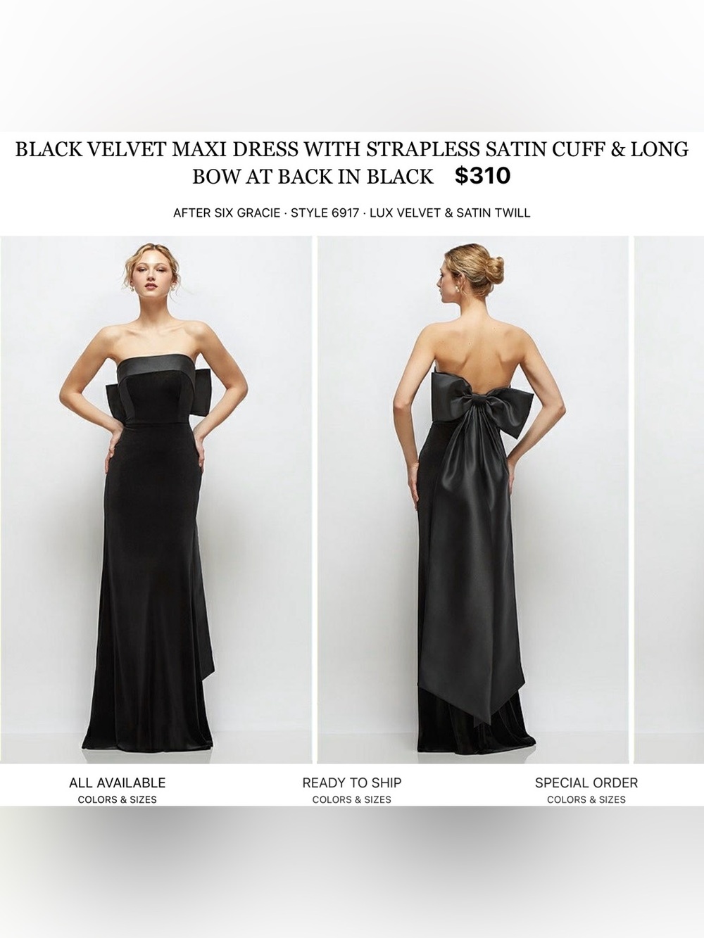 After Six Black Strapless Velvet Maxi Gown with Satin Back Bow